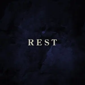 An airy, cloudy and colored background with the word "REST" in the foreground.