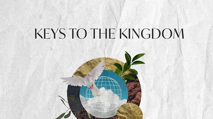 A dove flying over an abstract version of the earth with "Keys to the Kingdom" written on it.