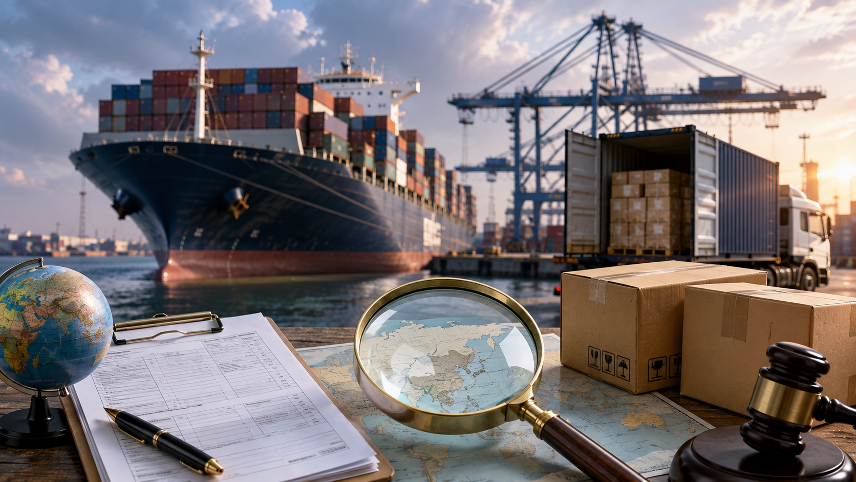 Container port image representing U.S. illegal transshipment enforcement and exporter origin management
