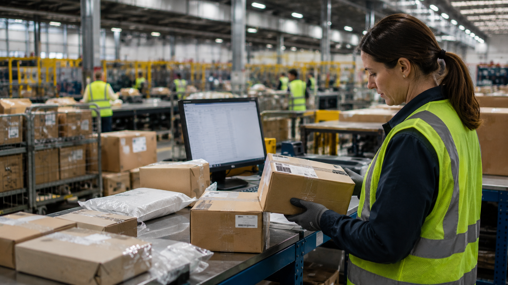 International parcels and export shipments being processed inside a large logistics facility