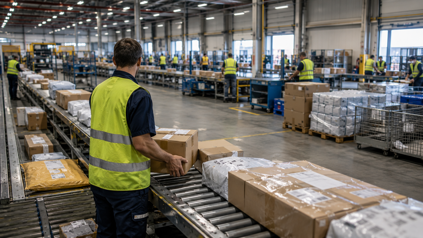 Workers processing international parcels and customs data inside a modern European logistics warehouse