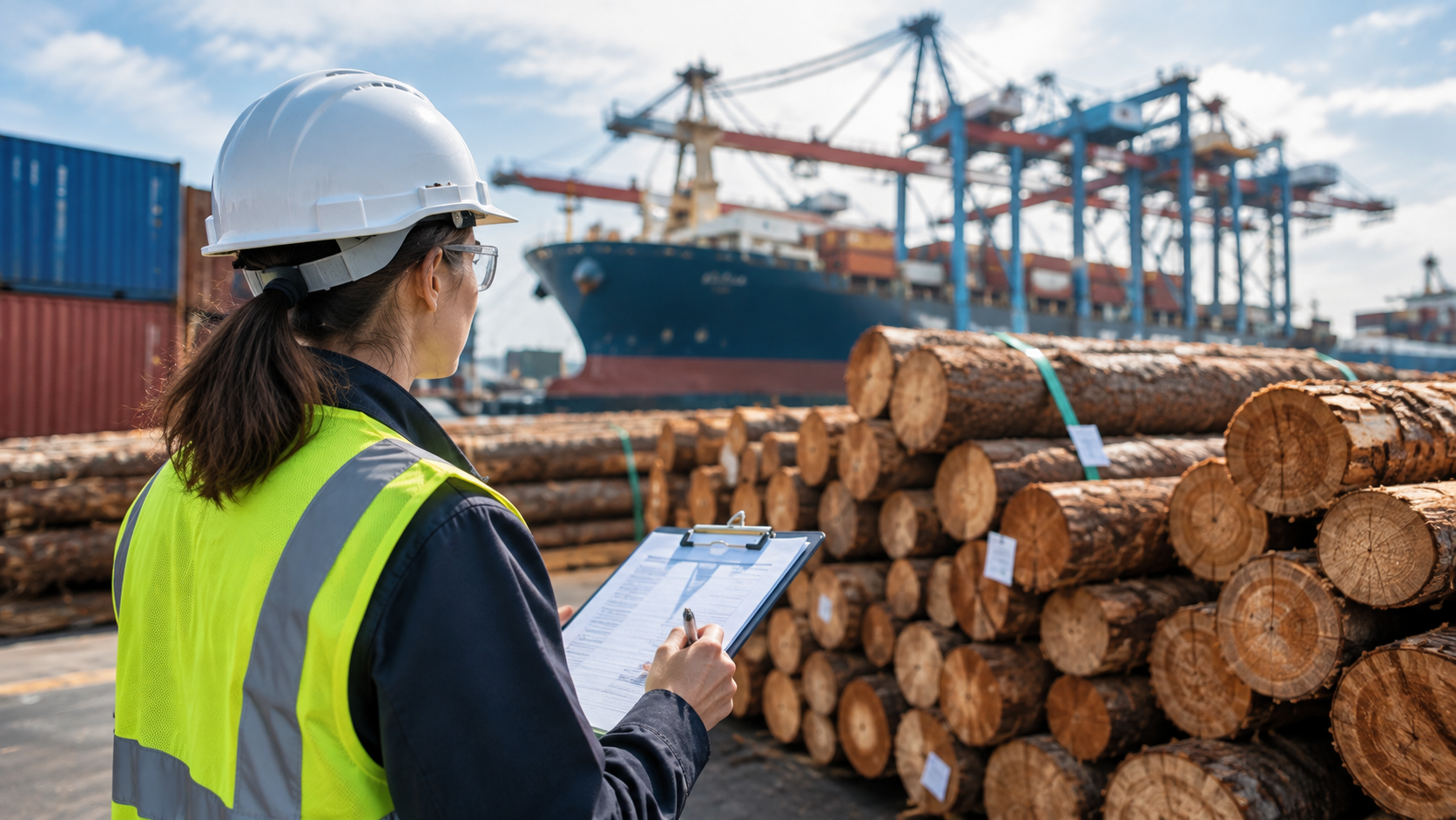 Supply chain professional inspecting timber at an international cargo terminal