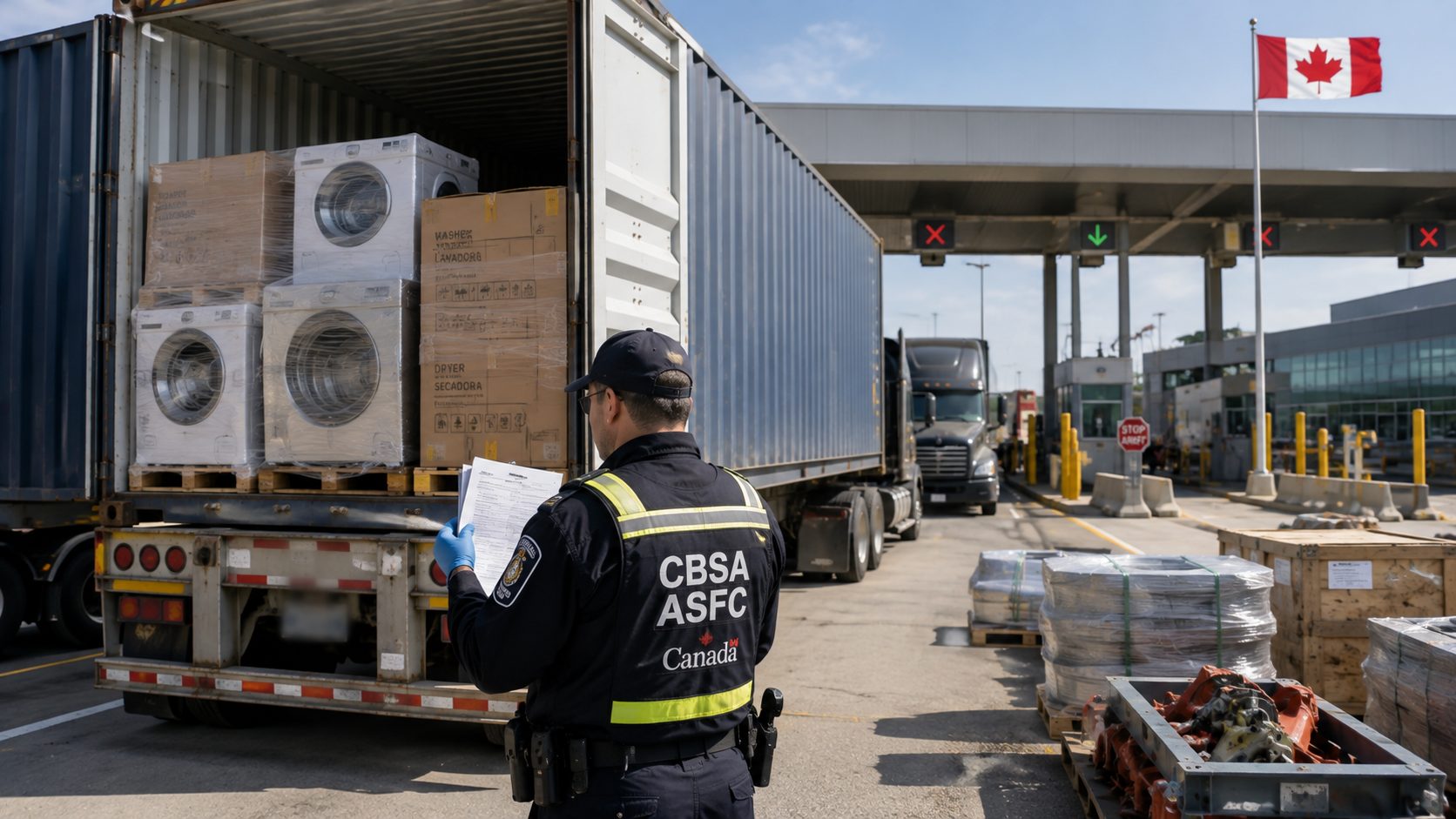 Imported shipments being scanned and processed inside a large North American logistics warehouse
