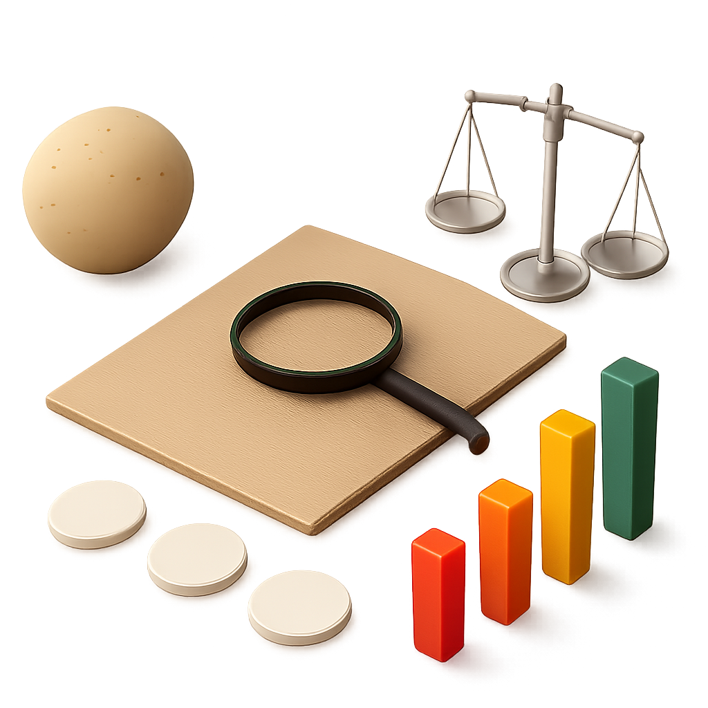 Arrangement of magnifying glass, balance scale, tokens, colored markers, globe