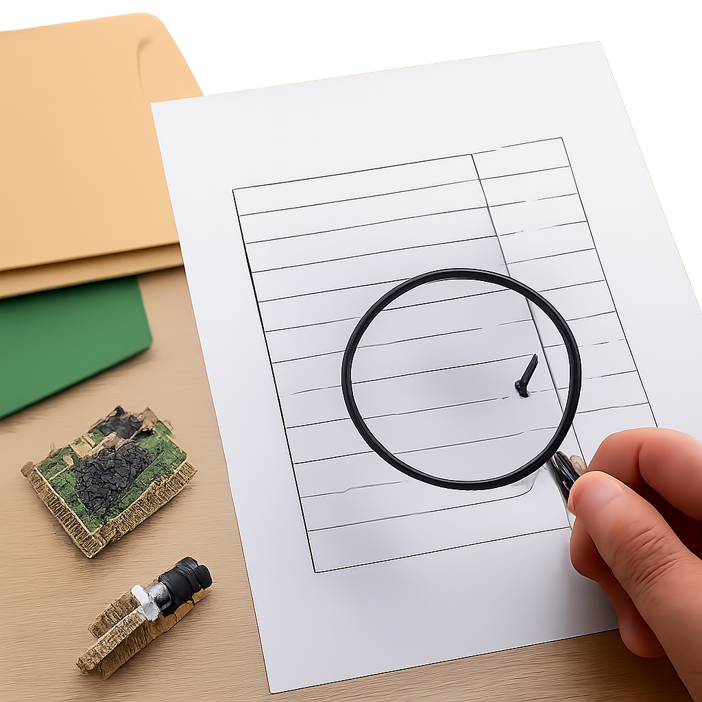 Arrangement of documents, hands, desk, component samples, magnifying glass