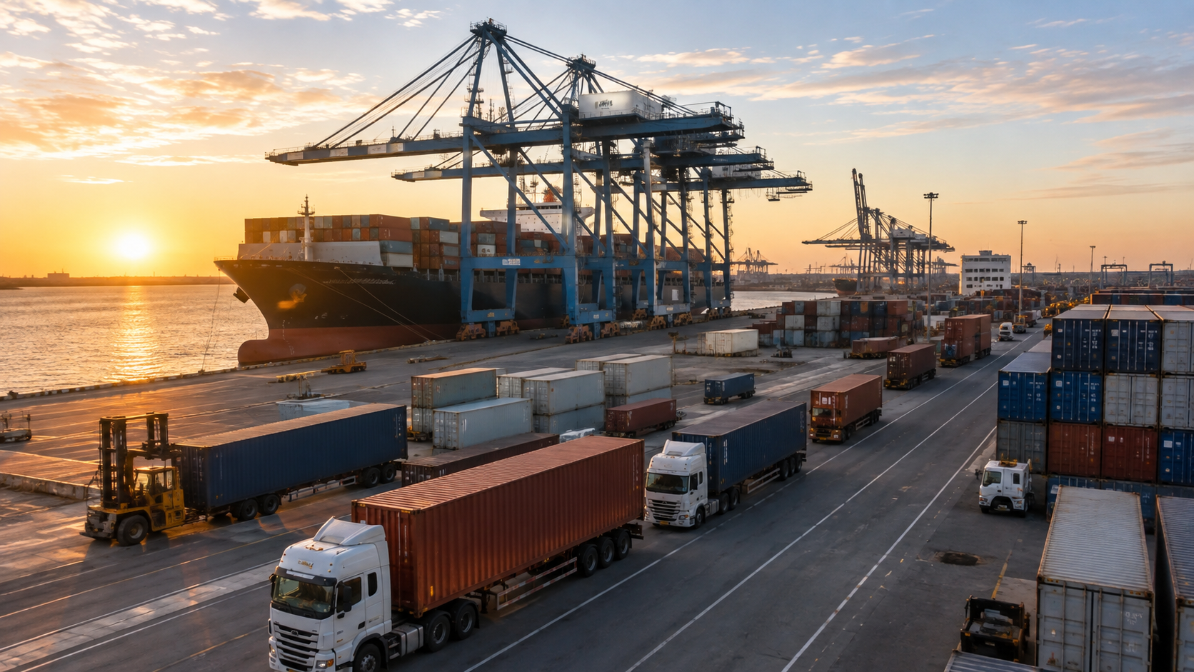 Container ship and cargo operations at a busy international port