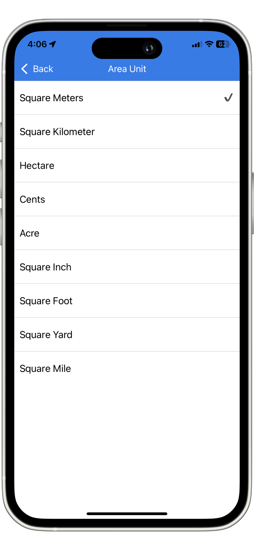 Choose from Different Area Units