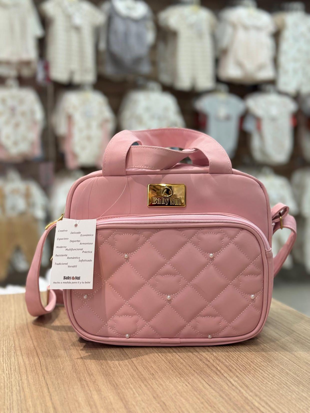 Bolsa maternidade rosa com pérolas
