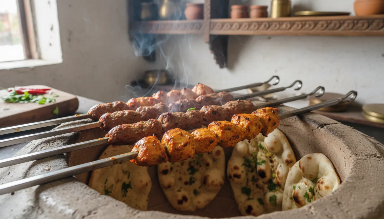 Skewers of meat cooking in a clay tandoor oven next to baking naan bread.