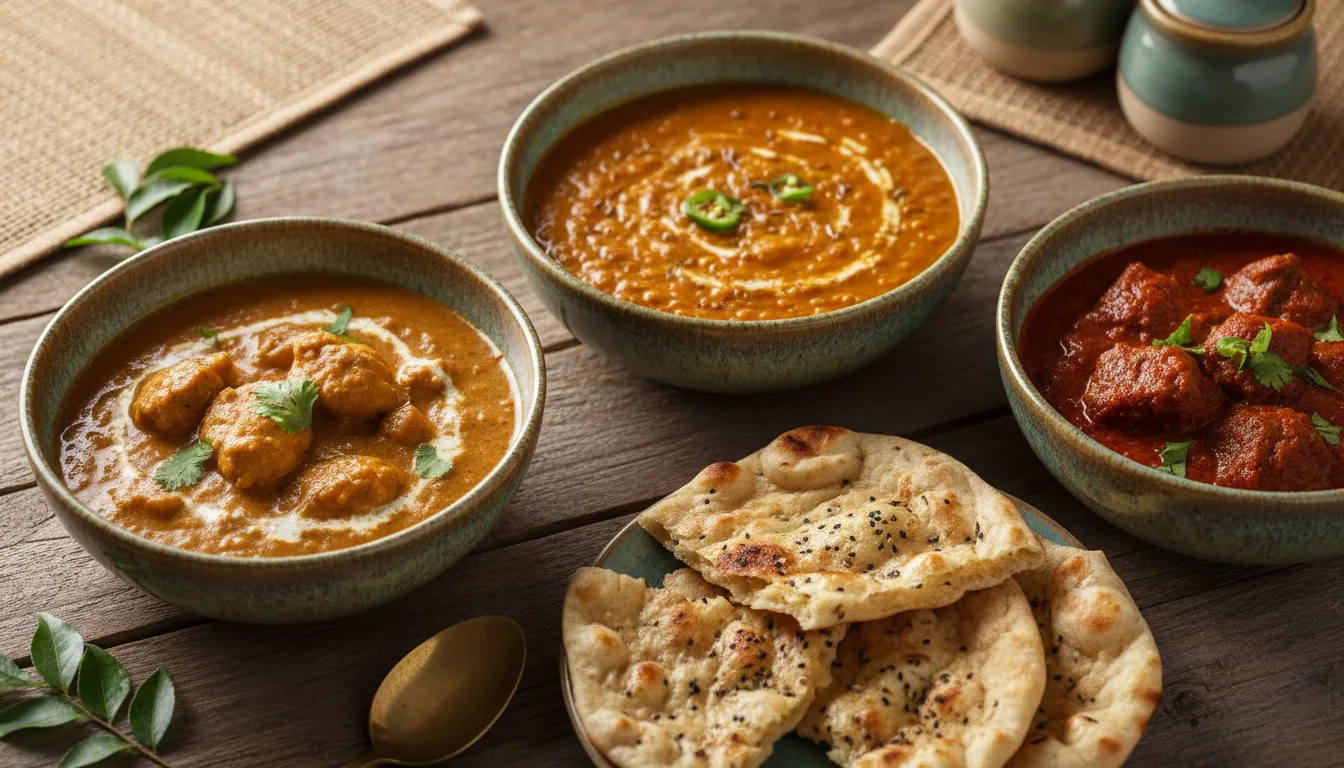 Three bowls of curry in different shades of brown and red, served with naan bread on a wooden table.