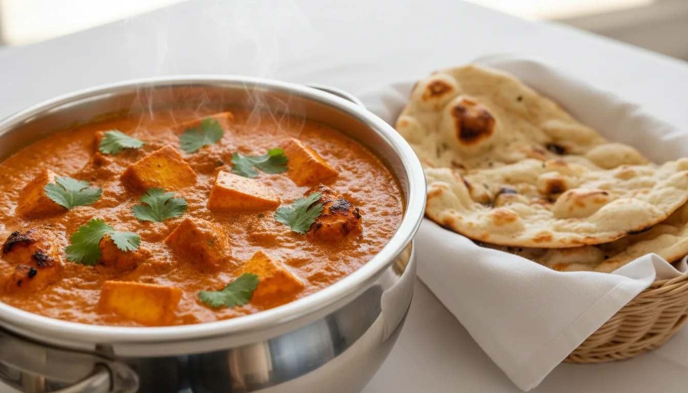 A buffet dish of paneer tikka masala next to a basket of fresh naan bread.