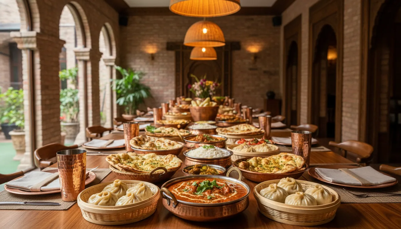 A long table set with serving dishes of chicken makhani, dumplings, and naan in a warm restaurant setting.