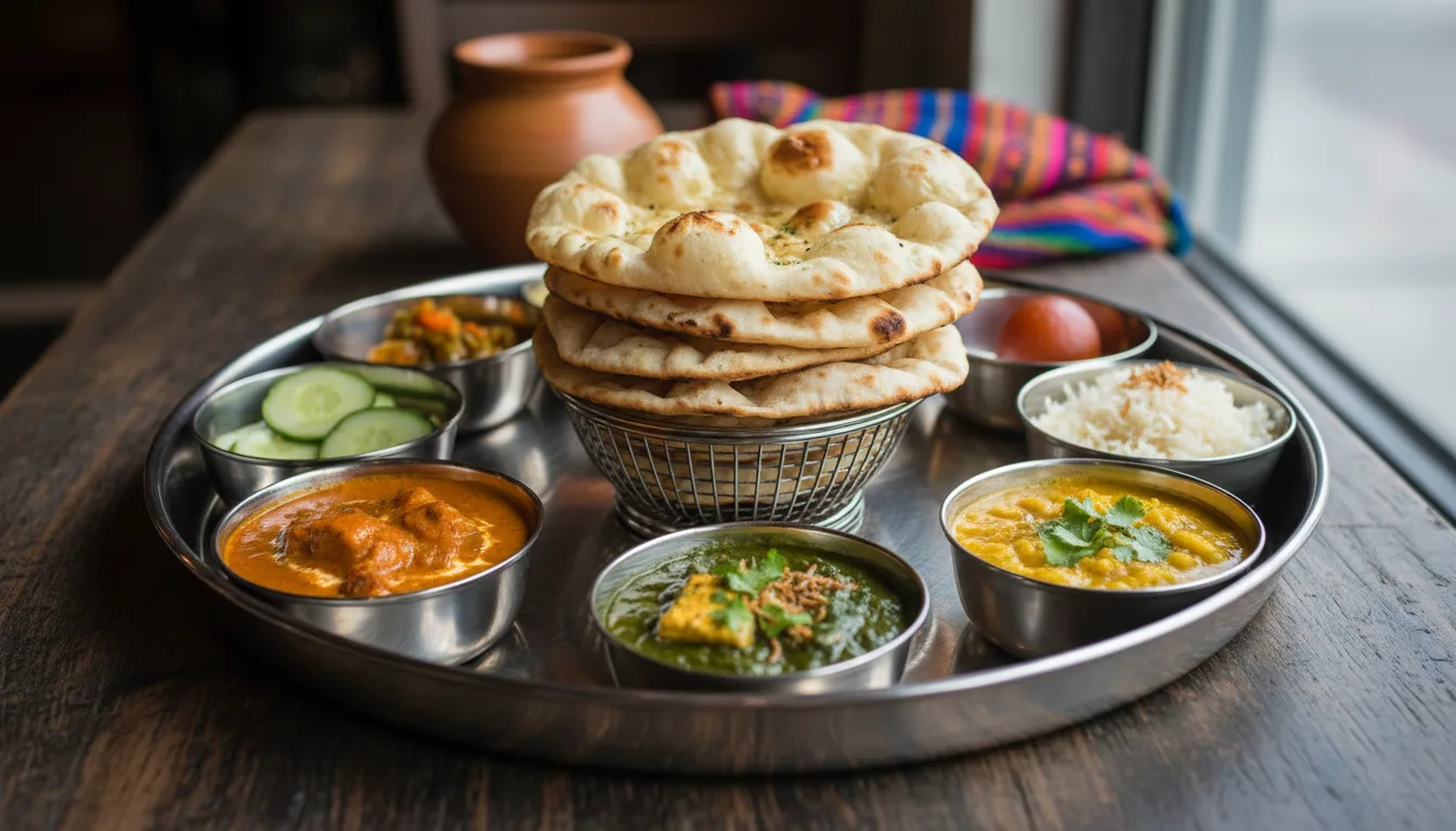 A metal thali tray holding small bowls of curries and dal, with naan bread.
