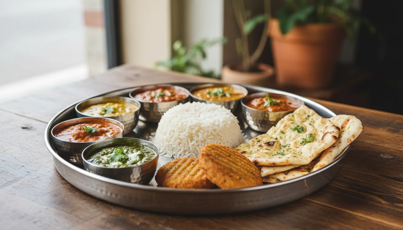 A traditional metal thali platter filled with assorted curries, rice, and fresh naan bread on a wooden table.