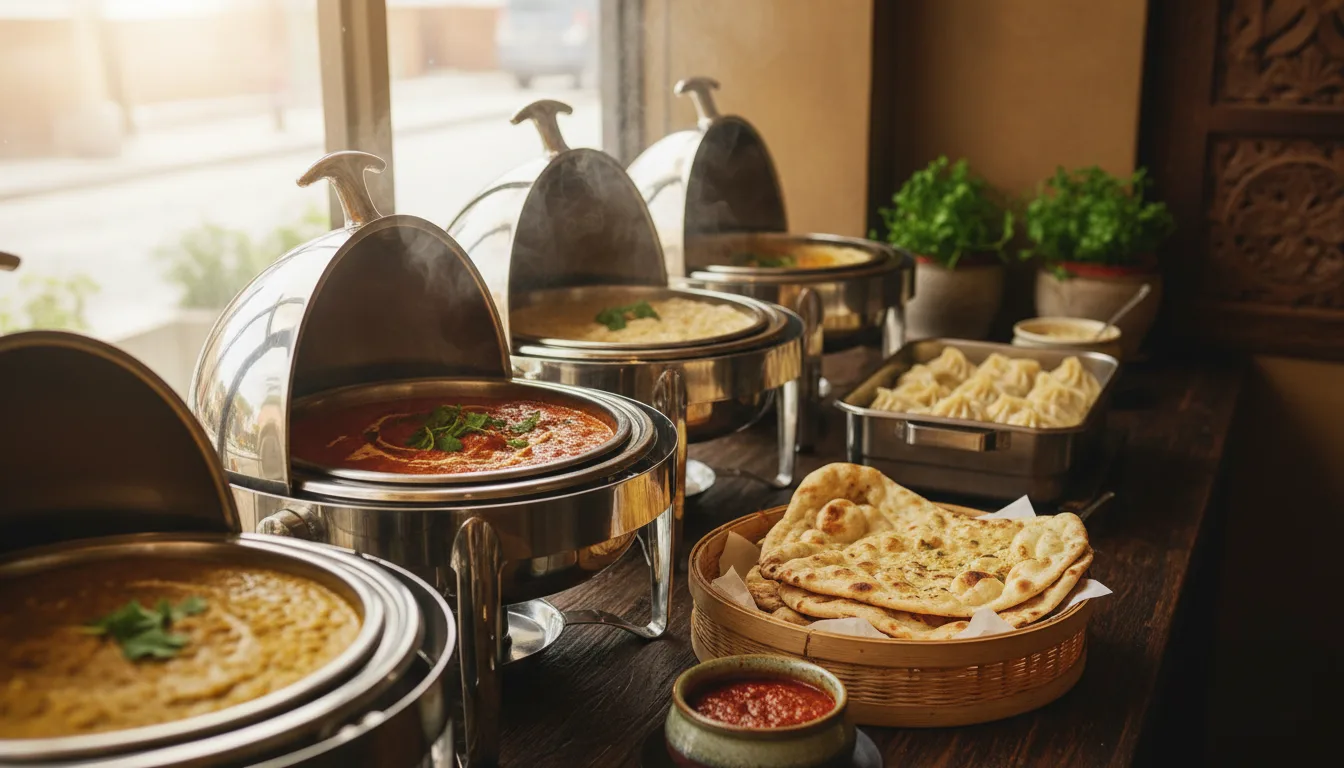 Stainless steel chafing dishes filled with curries and steamed dumplings on a restaurant buffet line.