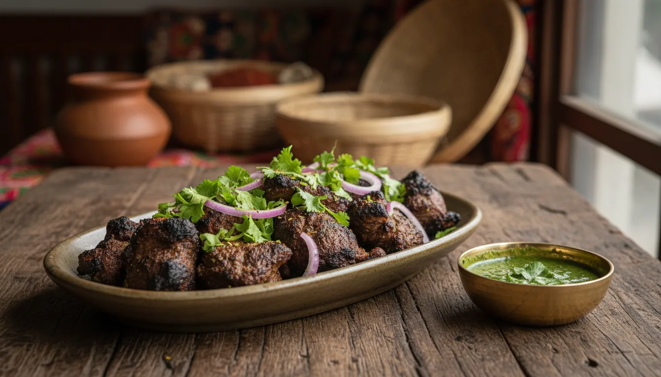 A plate of charcoal-grilled pieces of meat garnished with fresh cilantro and red onions next to a small bowl of green sauce.