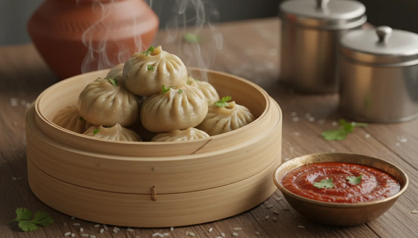 Steamed dumplings in a bamboo steamer with red chili sauce.