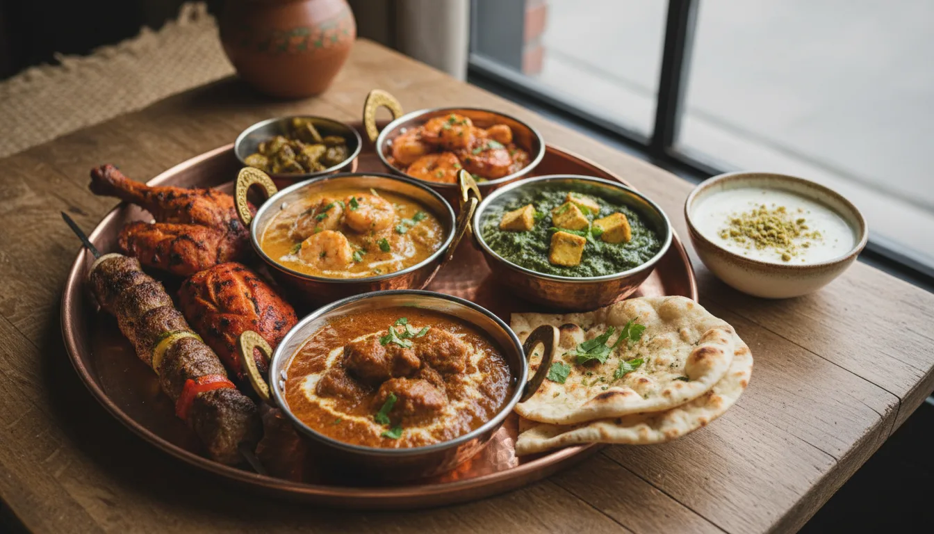 A large metal platter filled with various Indian and Nepali dishes, including curries, grilled meats, and fresh naan.
