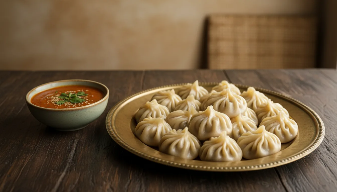 A plate of steamed handmade momo dumplings with a side of dipping sauce on a dark wooden background.