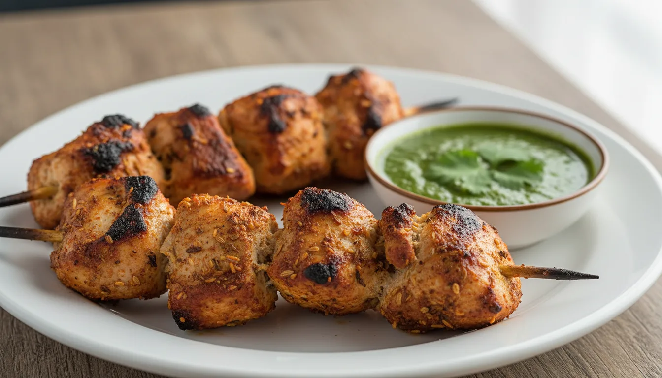 Charcoal-grilled chicken sekuwa on a plate with green chutney.