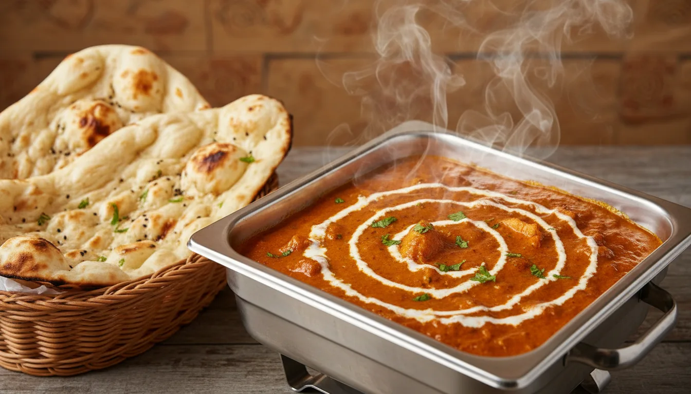 Steaming chicken makhani in a metal serving tray beside a basket of fresh tandoori naan.