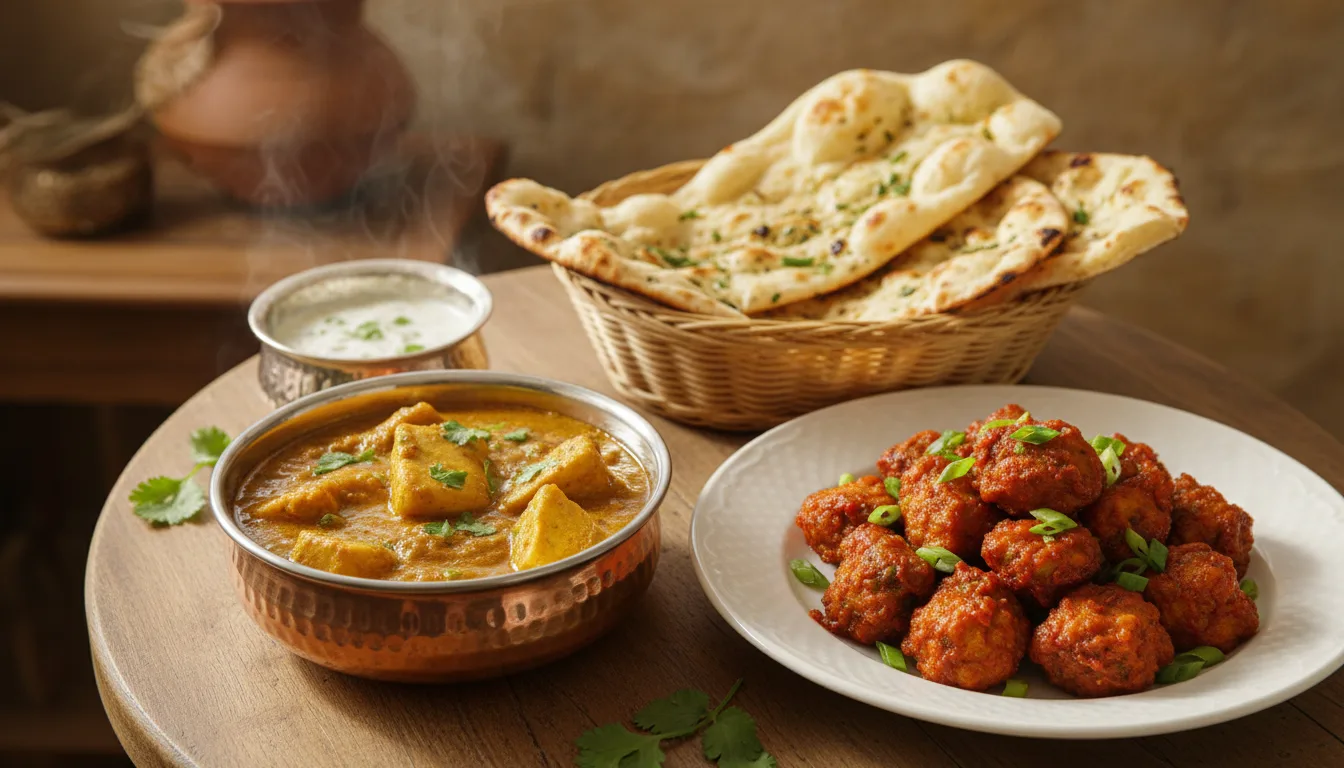A table set with bowls of jackfruit curry and vegetable chili manchurian, alongside fresh naan bread.