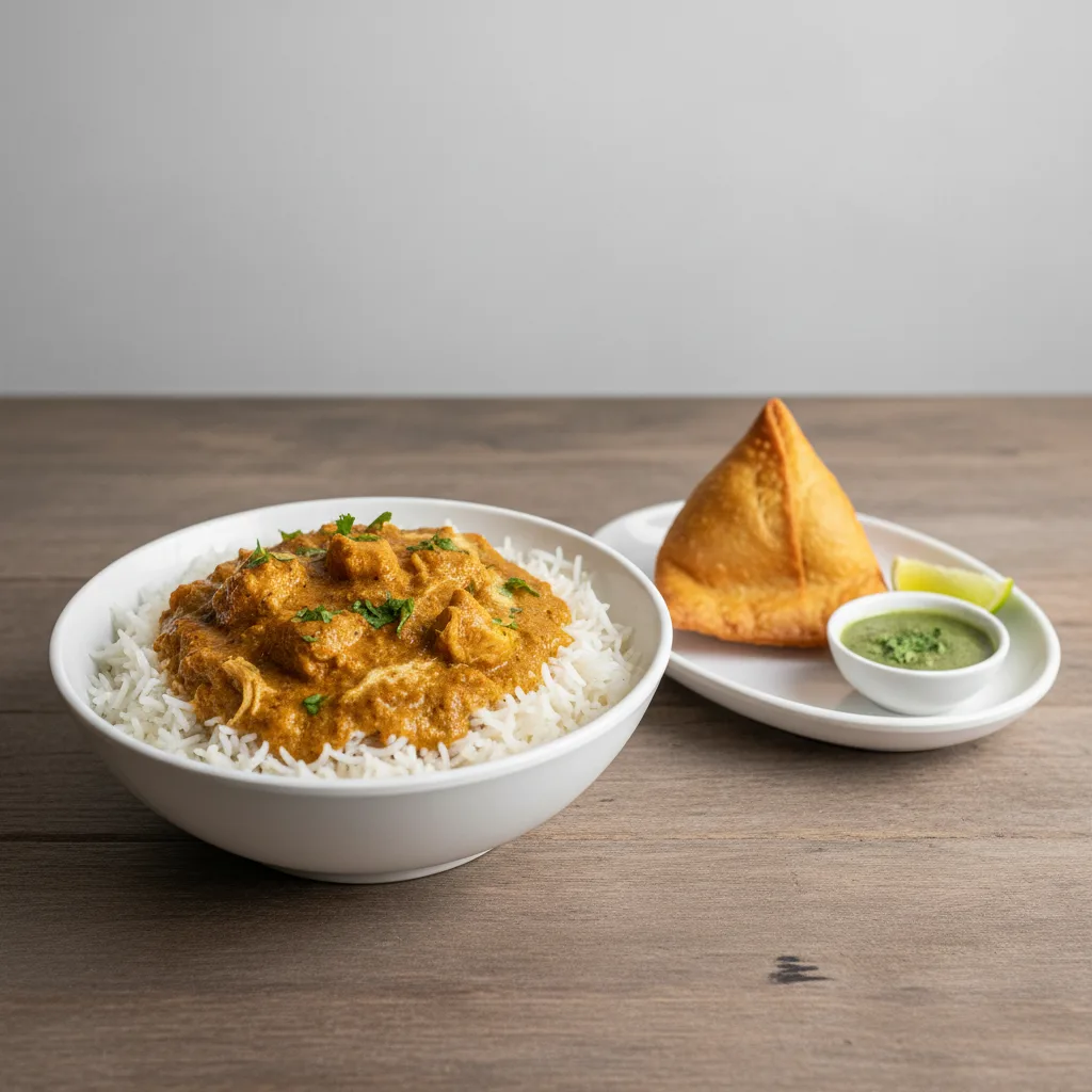 Chicken Curry Over Rice and Samosa (1pc)