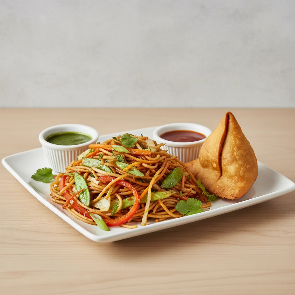 Veg Chowmein and Samosa (1pc)