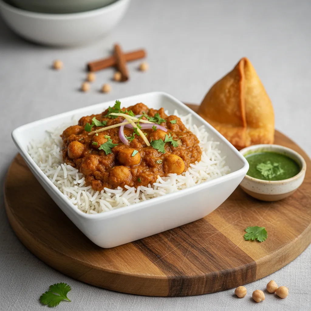 Chana Masala Over Rice and Samosa (1pc)