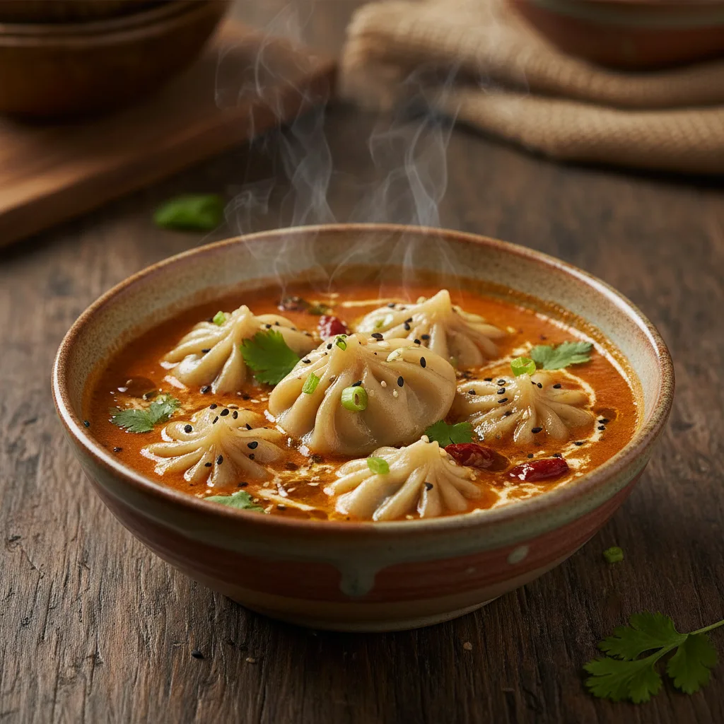 A bowl of chicken jhol momo featuring steamed dumplings in a spiced tomato-sesame broth.