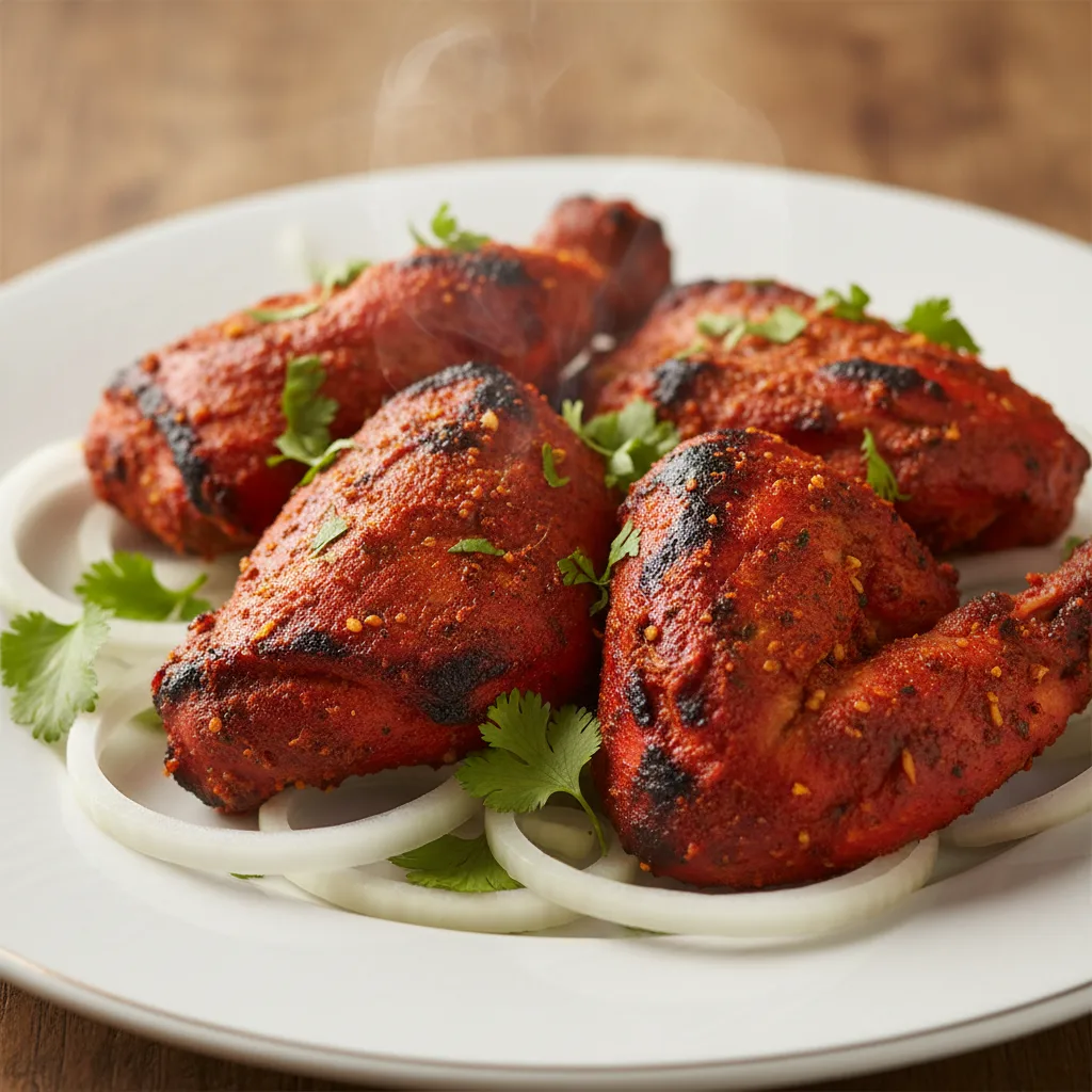 Bright red pieces of tandoori chicken on a plate with sliced onions and cilantro.