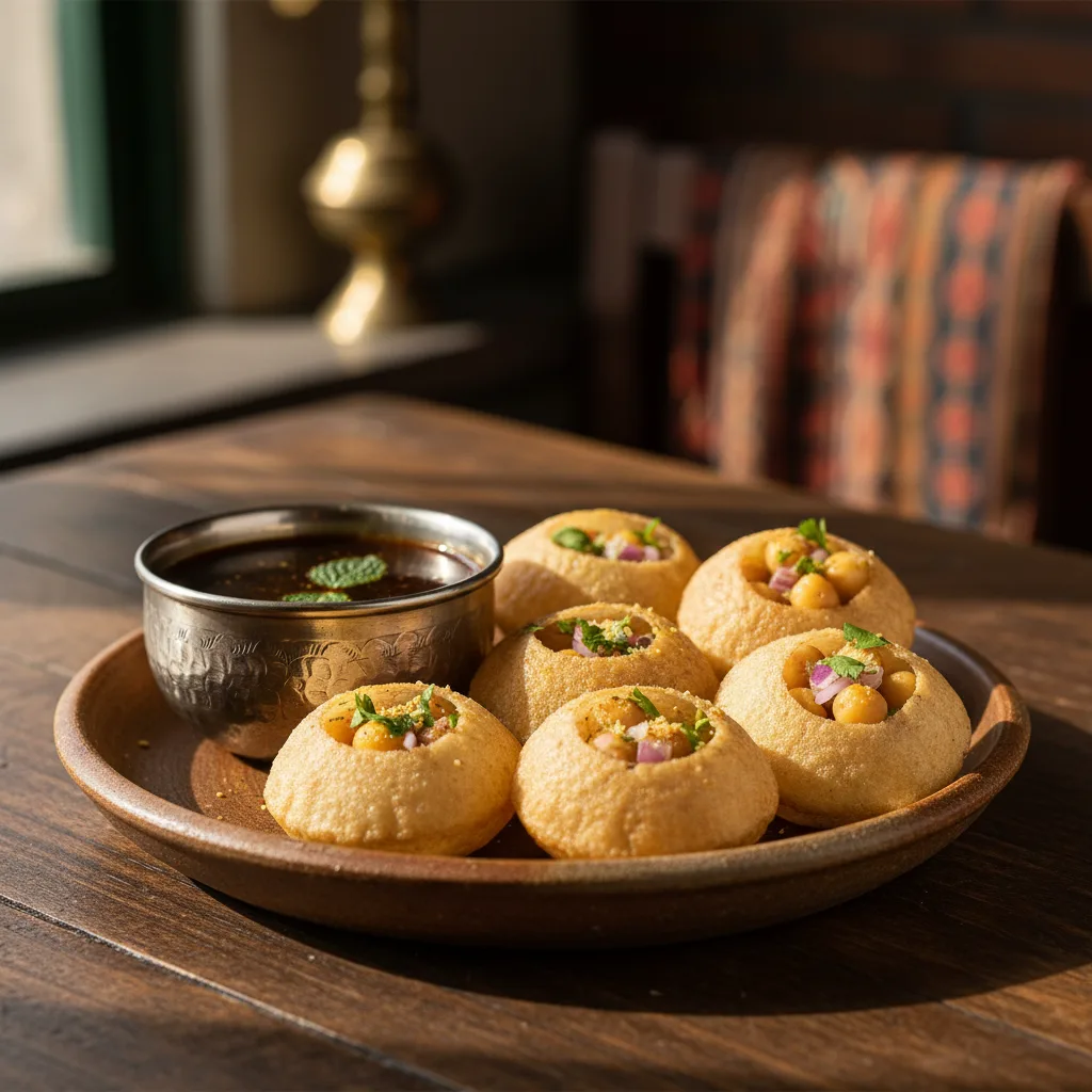 A plate of crispy pani puri shells filled with potatoes and chickpeas, served with a small bowl of tamarind water.