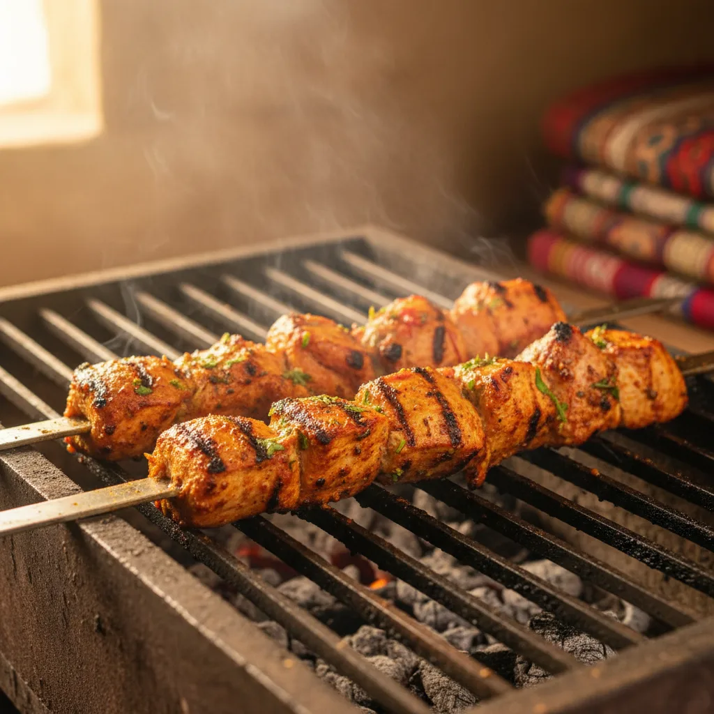 Marinated chicken pieces on a metal skewer cooking on a grill.