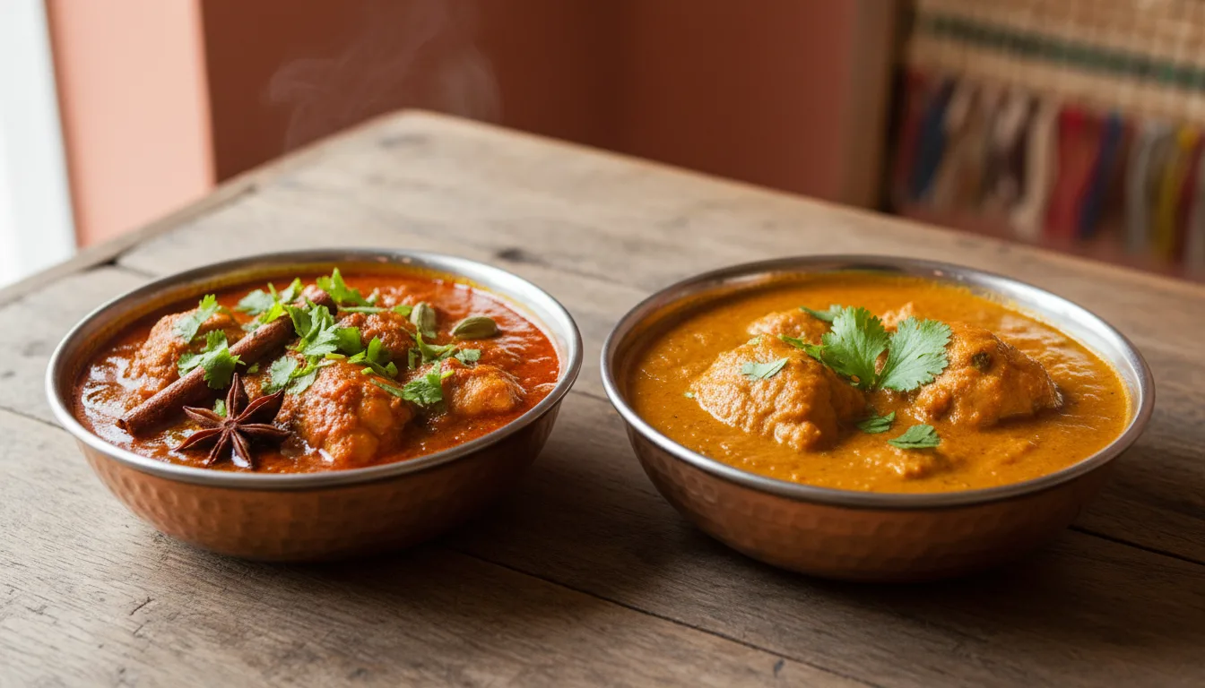 Two bowls of chicken curry, one darker and spiced, the other lighter and creamy, garnished with cilantro.