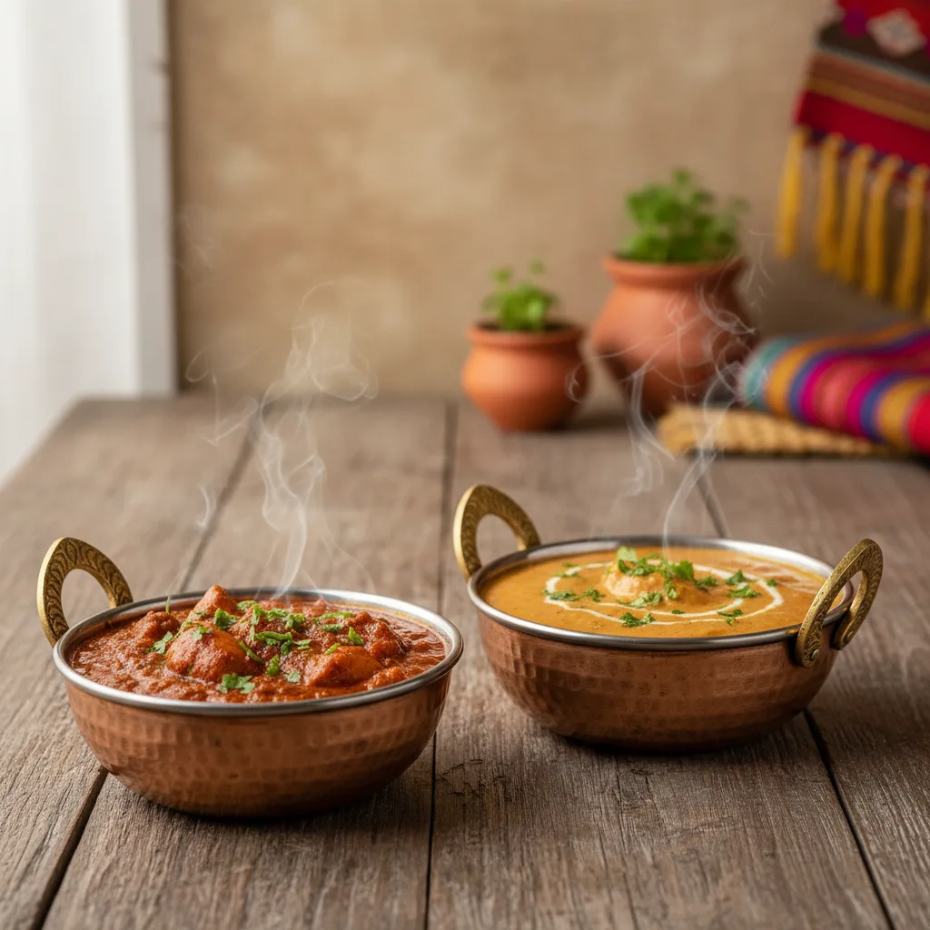 Two bowls of Indian chicken curry, one darker red and one lighter orange, on a wooden table.