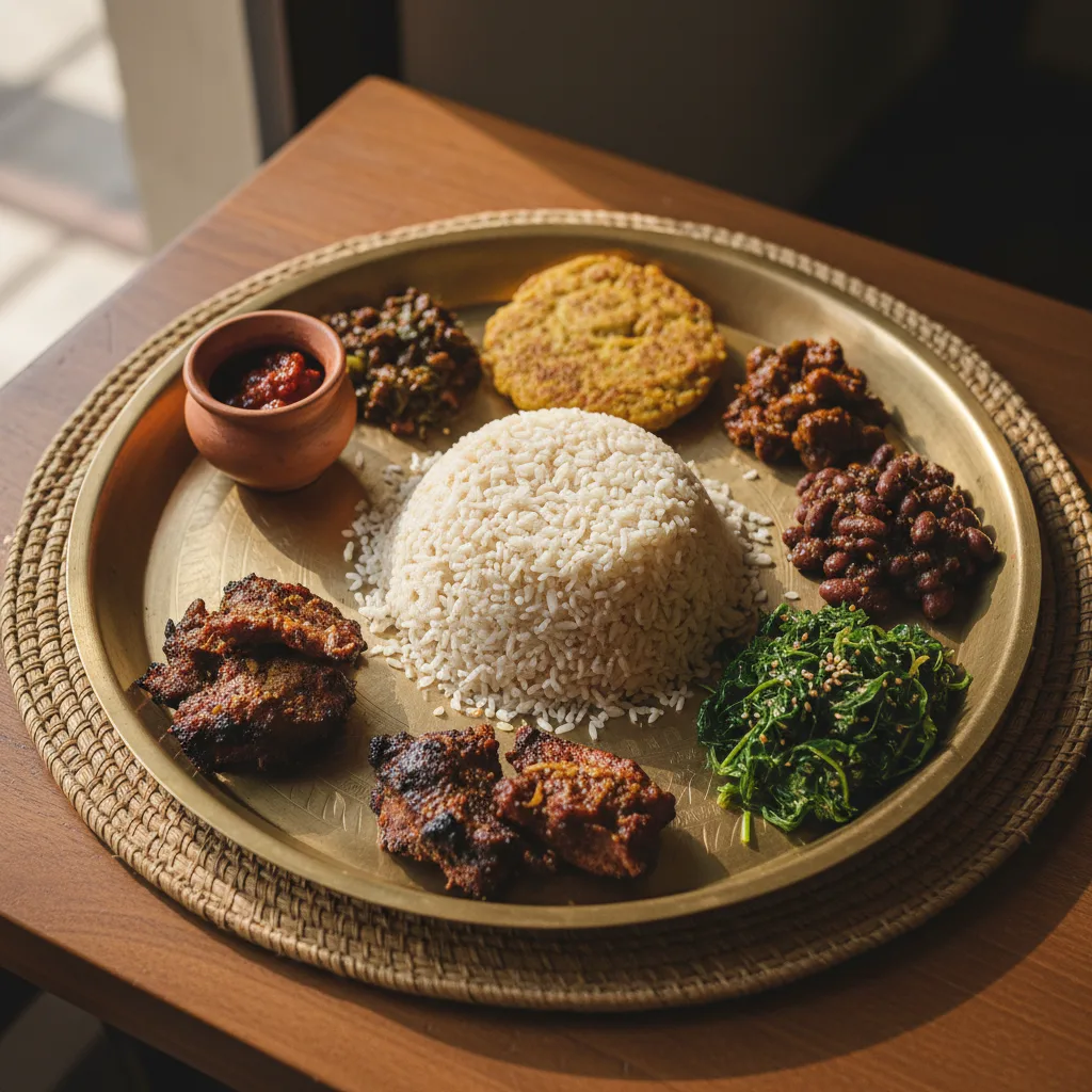 A Newari Khaja Set with beaten rice, grilled meat, lentil bara, and vegetables on a traditional plate.