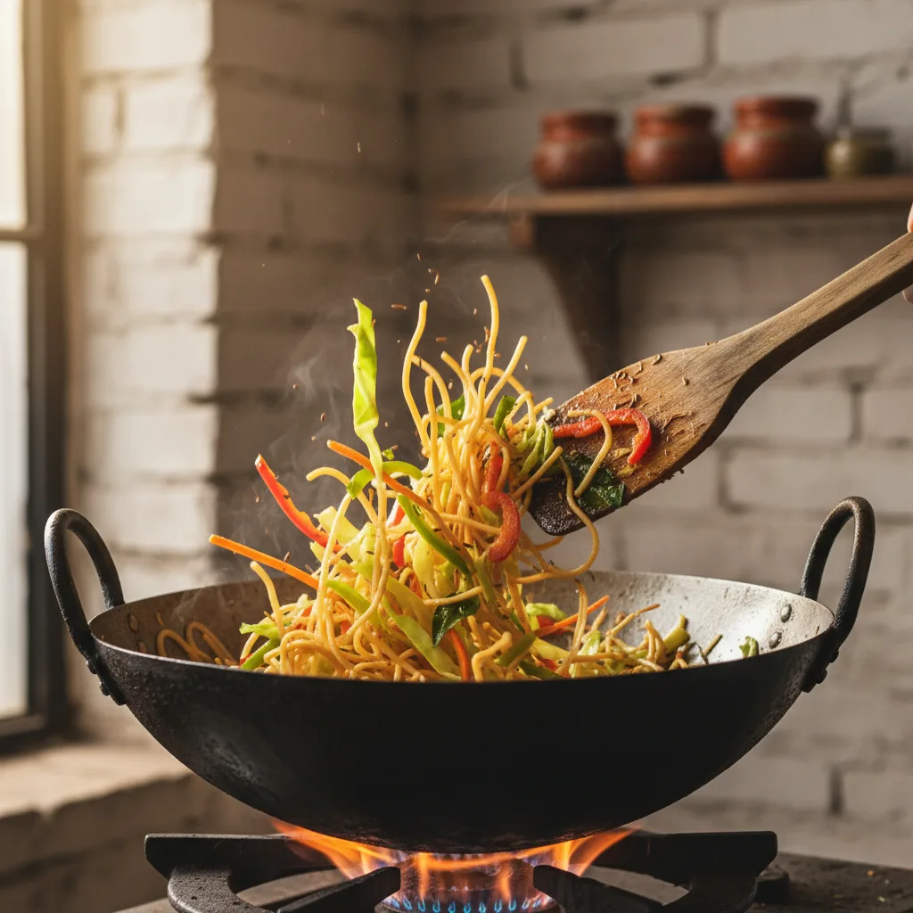 Noodles, cabbage, carrots, and bell peppers being stir-fried in a large metal wok.
