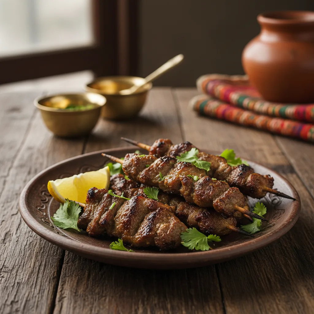 A plate of grilled Goat Sekuwa garnished with cilantro and lemon.