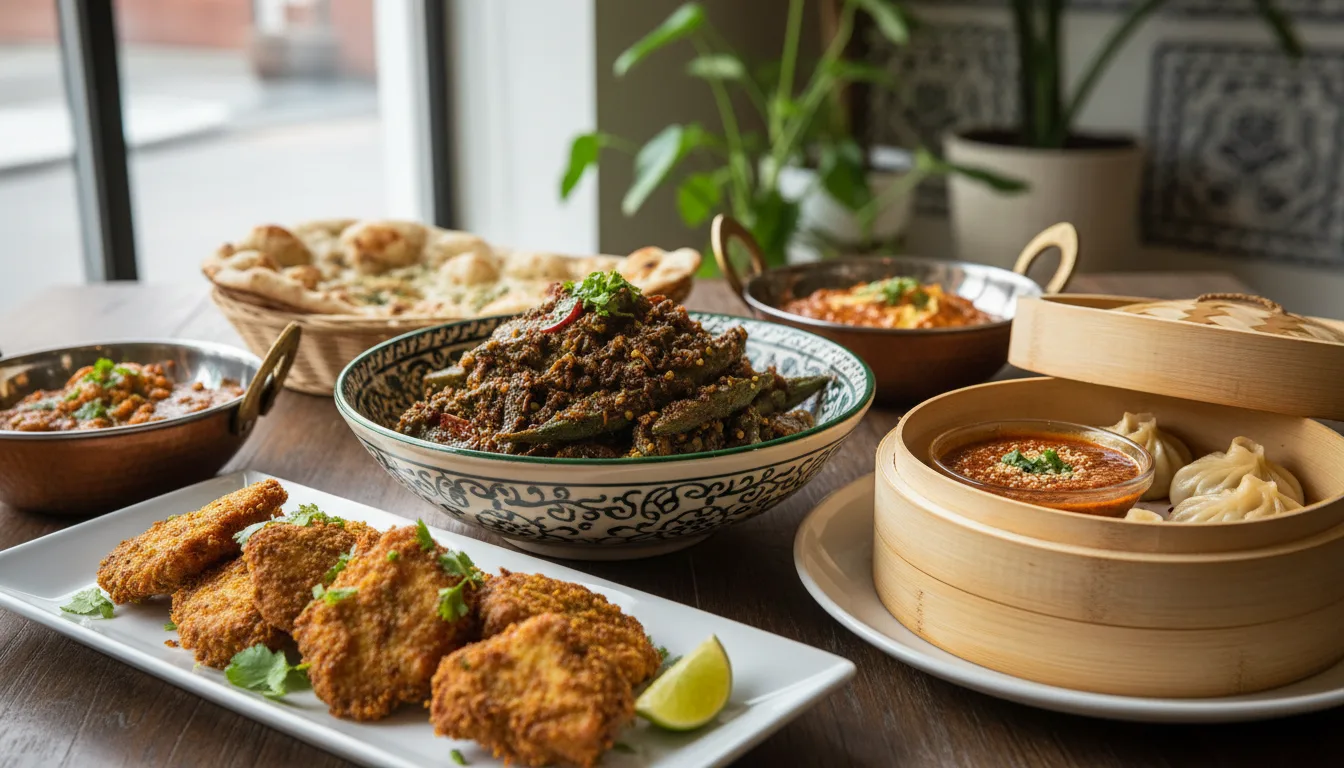 A spread of vegetarian Indian and Nepali dishes including spiced okra, steamed dumplings, and fried paneer.