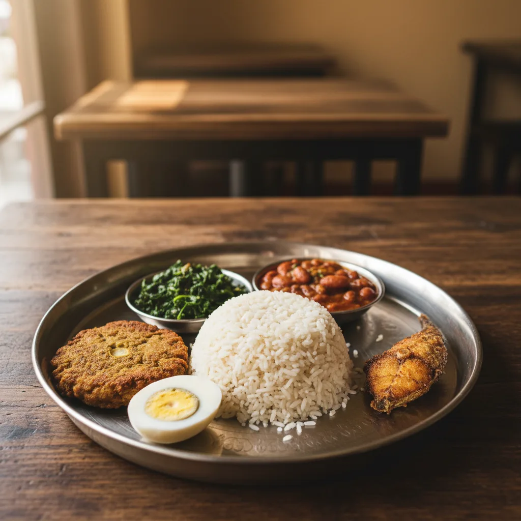 A metal platter containing beaten rice, a lentil patty, a boiled egg, fried fish, cooked greens, and beans.