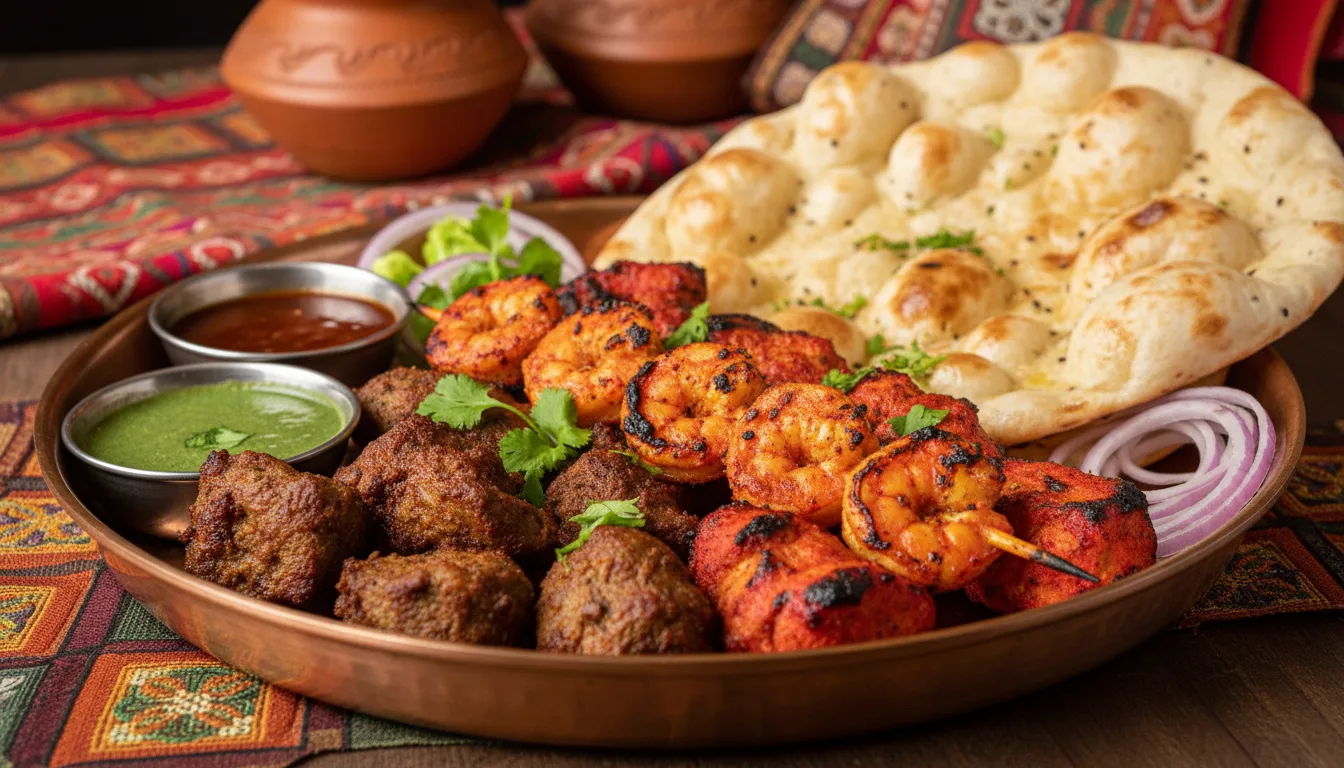 A platter of grilled meats including shrimp, chicken, and goat, served with flatbread.