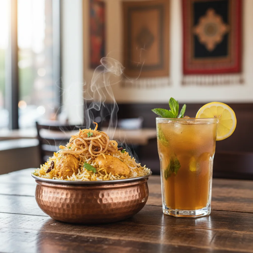 A copper bowl filled with chicken biryani and caramelized onions next to a tall glass of iced tea.