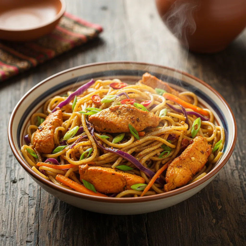 A bowl of chicken chow mein with stir-fried noodles, chicken, and vegetables on a wooden table.