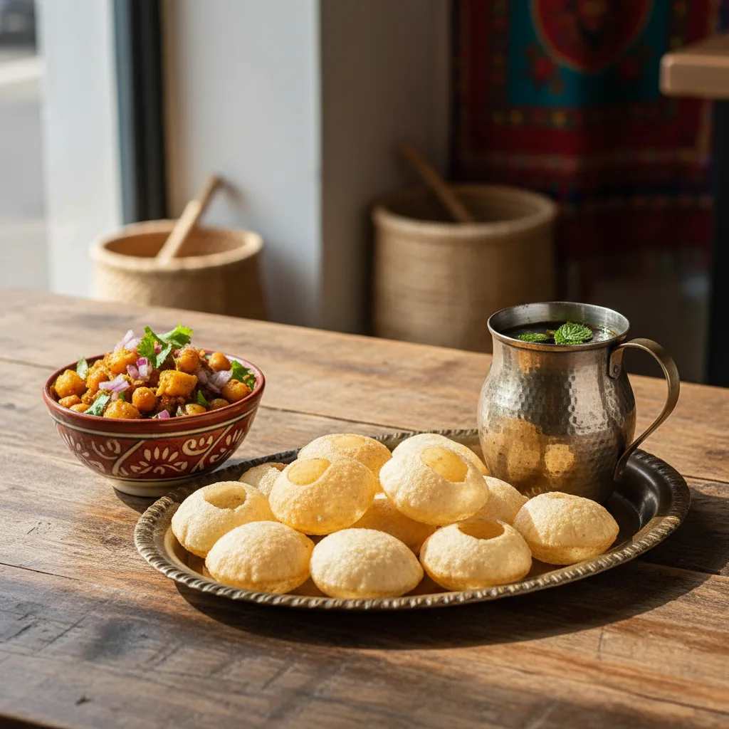 A tray of crisp pani puri shells, spiced potatoes, and a pitcher of tamarind water on a wooden table.
