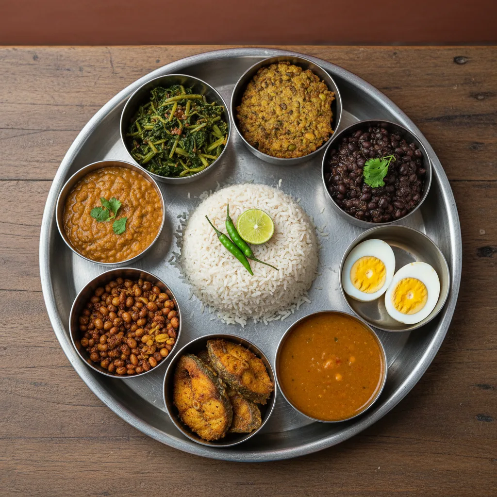 A traditional Nepali Thali Set with beaten rice, leafy greens, beans, bara, an egg, and fried fish on a metal platter.