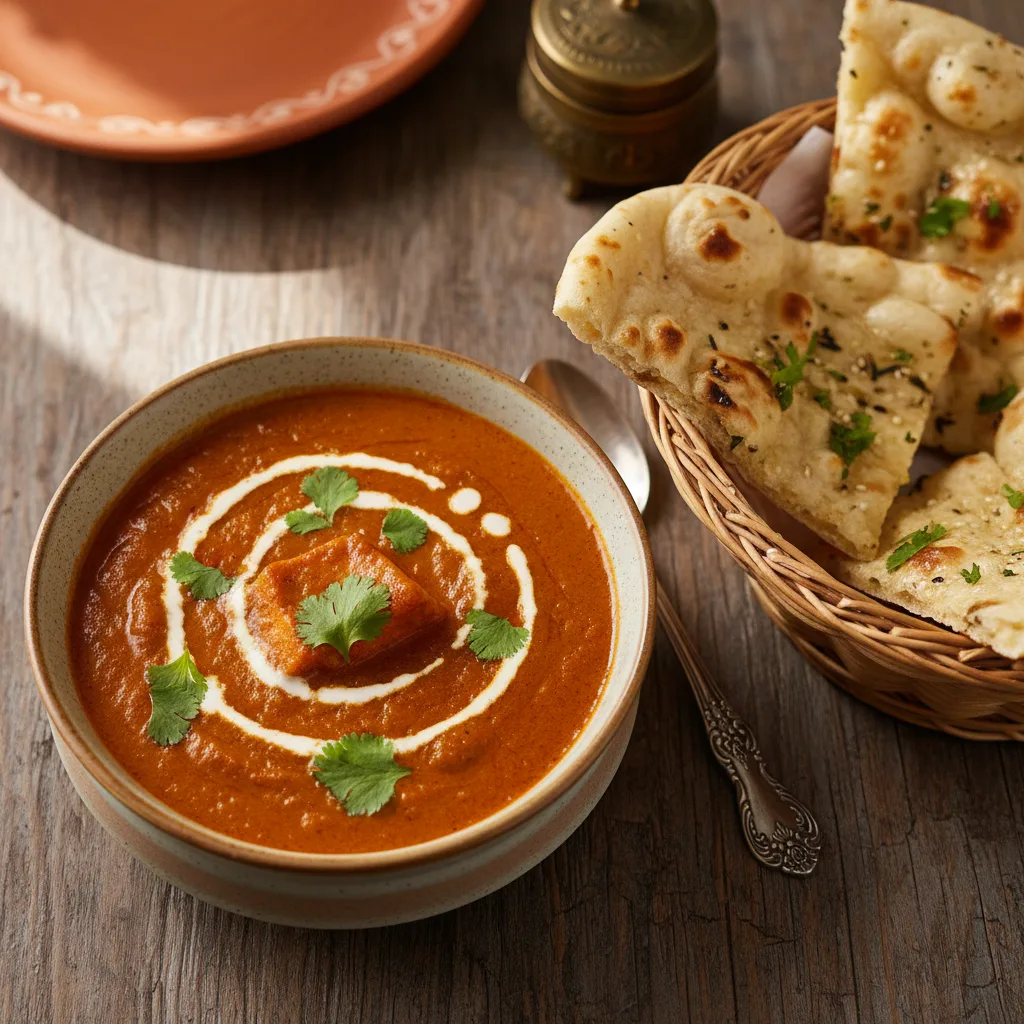 A bowl of creamy Paneer Makhani with fresh cilantro and a side of naan bread.