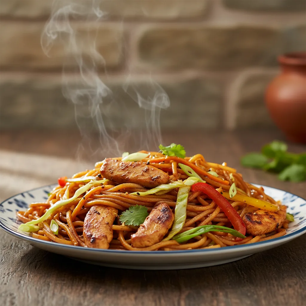 A plate of hot chicken chow mein with mixed vegetables on a wooden table.