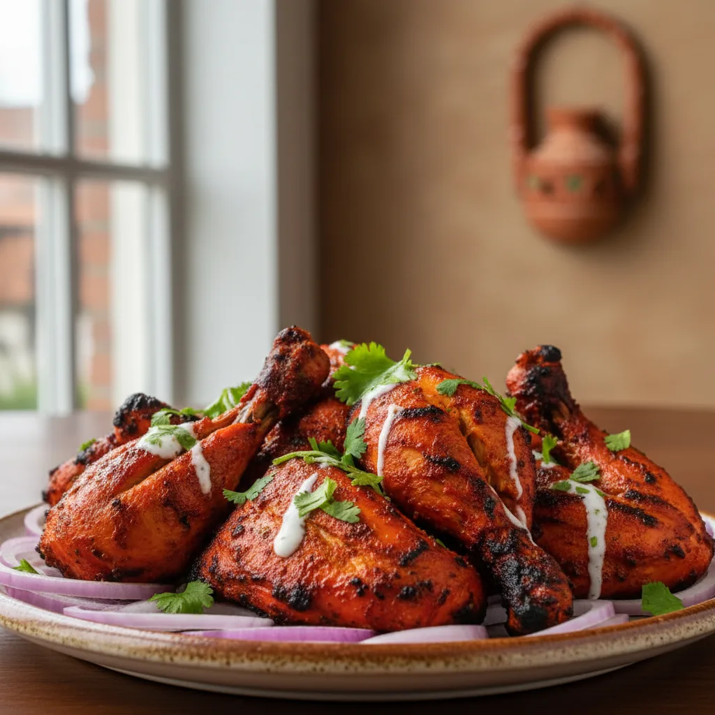 A plate of red Tandoori Chicken pieces with char marks, garnished with onions and cilantro.