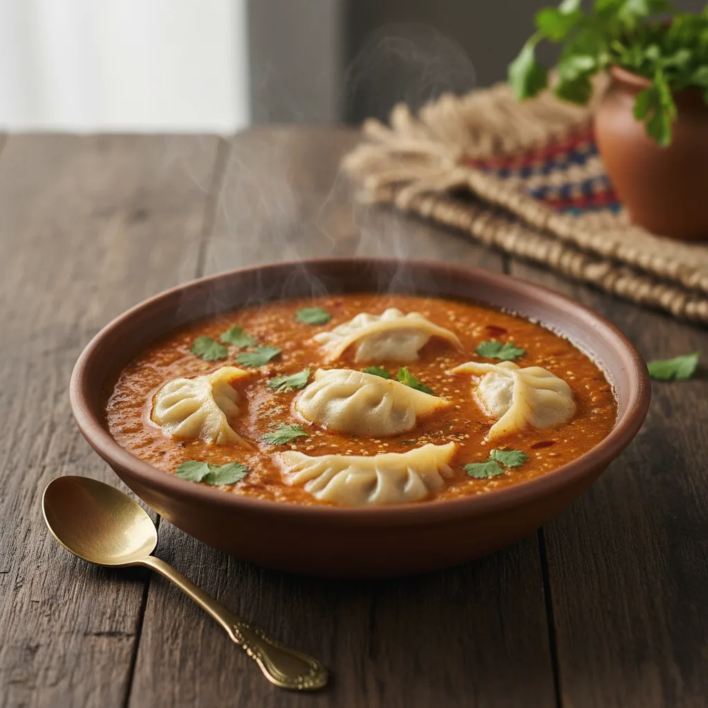A bowl of chicken dumplings in a spiced tomato-sesame broth.