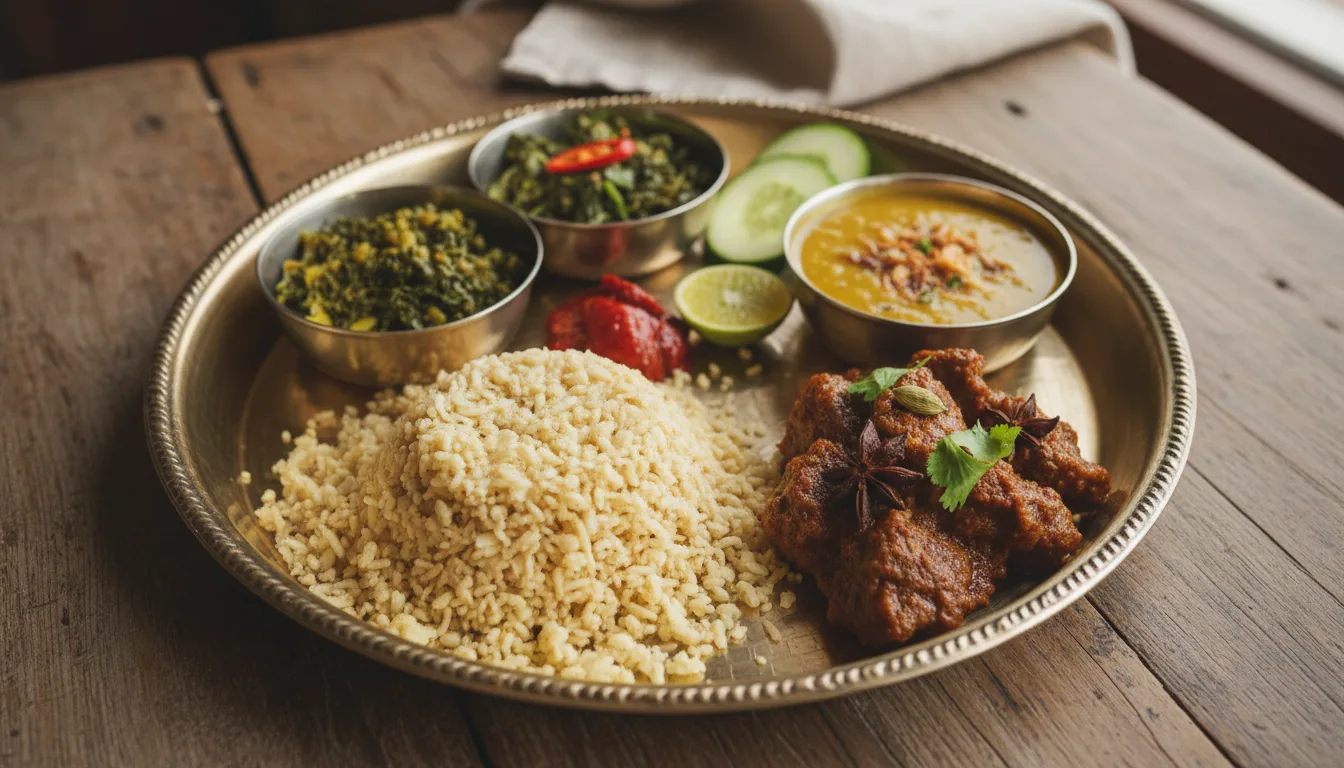 A Newari Khaja Set on a metal plate, showing beaten rice, spiced meat, lentils, and greens.